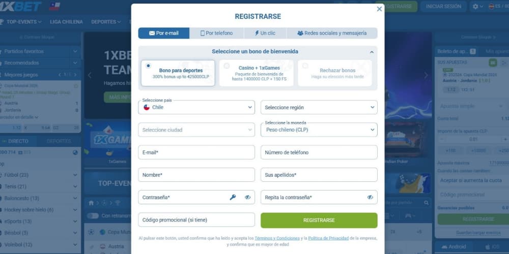 Proceso de registro de 1xBet